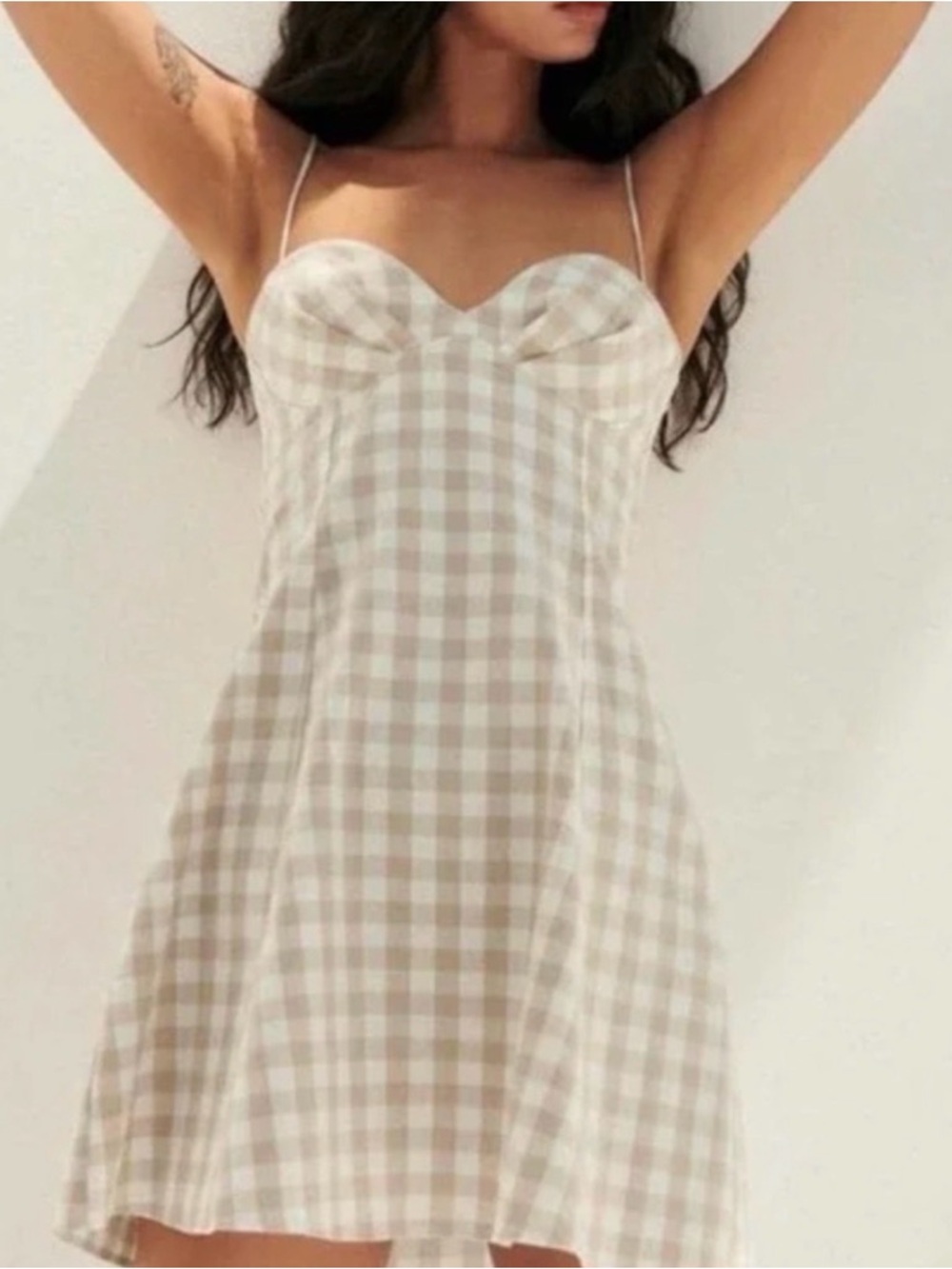 Zara Beige and White Gingham Spaghetti-strap Mini Dress